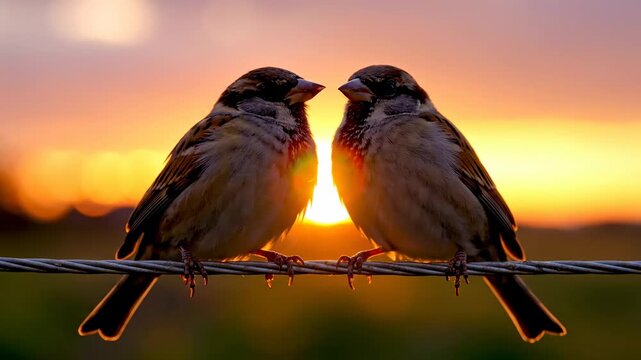 Two loving sparrows perching on a wire, sharing a tender moment with a beautiful sunset in the background. The warm, golden light of the sun creates a romantic and heartwarming silhouette