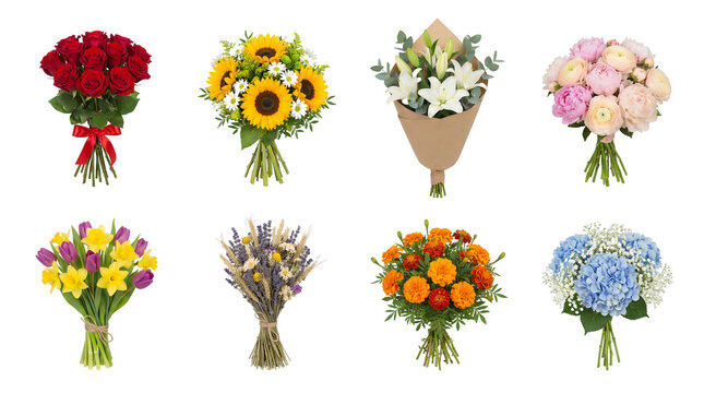 Fresh flower bouquet set including red roses, sunflowers, lilies, peonies, tulips, lavender, marigolds, and hydrangeas isolated. Floral arrangement and gift collection. - Powered by Adobe