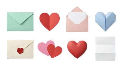 Love letter set including envelopes, paper hearts, origami, wax seal, and folded stationery isolated. Romantic mail and Valentine's Day elements.
