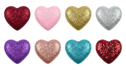 Sparkling glitter heart set including red, pink, gold, silver, purple, bronze, and teal variants isolated. Decorative valentines day and romantic craft collection.