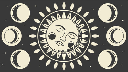 Celestial Sun and Moon Phases Cycle Mystical Astrology Graphic for Esoteric Branding Spiritual Website Design Tarot Reading Background