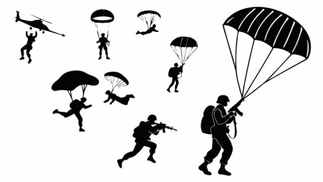 Military Paratroopers Skydiving Landing After Airborne Assault Dynamic Action for Defense Industry Web Design and Training Materials