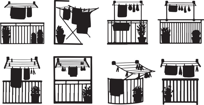 Clothes drying on balcony railings in various settings daily