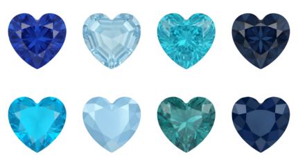 Blue heart gemstone set including sapphire, aquamarine, topaz, and emerald cut variants isolated. Jewelry design and luxury gem collection.