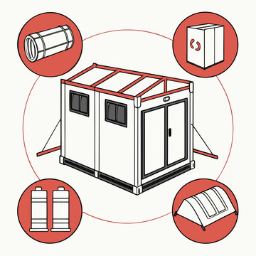 Portable Emergency Shelter Shift Building System for Disaster Relief and Humanitarian Aid Vector Illustration