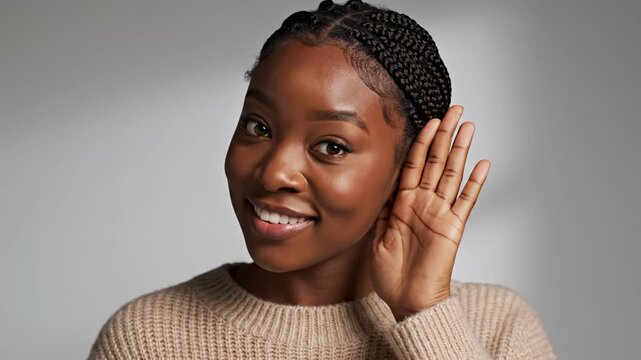 Portrait of a curious african american woman cupping her hand to her ear, trying to listen to a secret, gossip, or interesting news, smiling while eavesdropping on a conversation