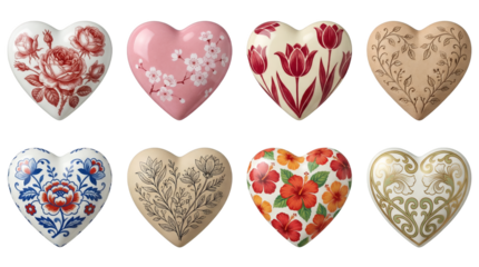 Ceramic heart set including rose, cherry blossom, tulip, hibiscus, and botanical patterns isolated. Decorative porcelain valentine and wedding collection.