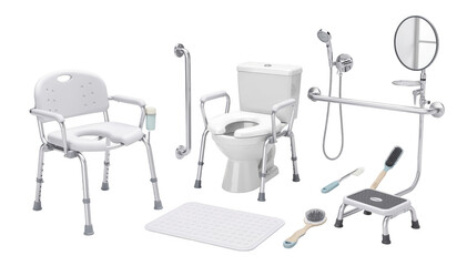 Bathroom setup with adaptive equipment on a white background designed to assist older adults practicing daily grooming tasks safely during occupational therapy.