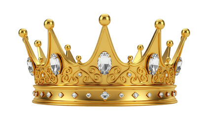 Isolated ornate golden crown with intricate filigree and precious gems, isolated on transparent background