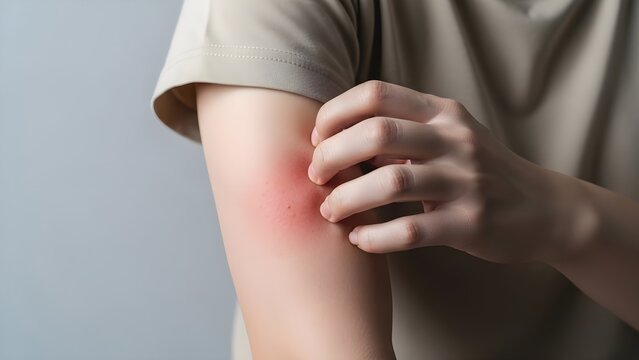 A person scratching an itchy red rash on their arm
