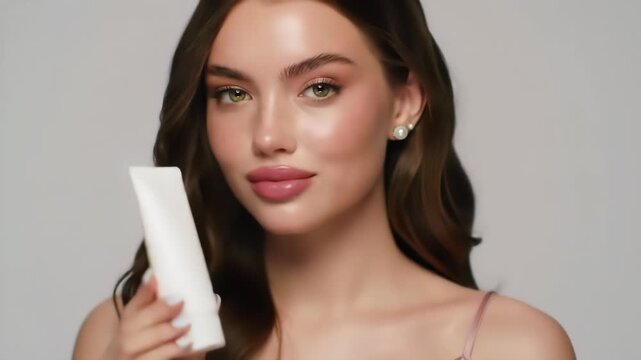 A beautiful young woman with flawless skin and a soft smile holds a plain white tube, possibly a skincare product. Her wavy brown hair frames her face, and her makeup subtly enhances her features.