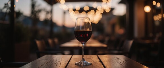 Glass of red wine on wooden table at outdoor restaurant terrace with warm evening bokeh lights creating romantic dining atmosphere for hospitality concepts