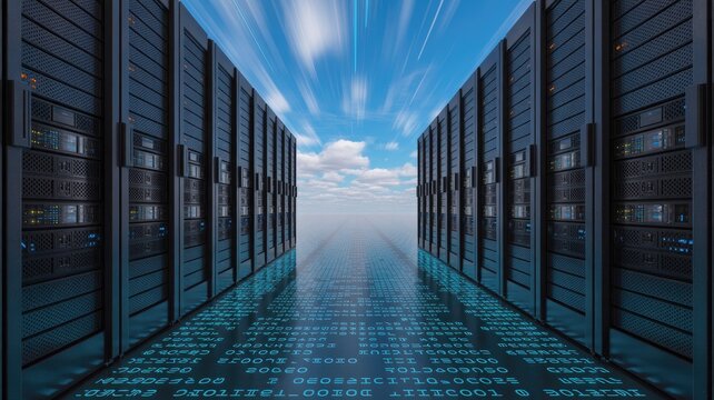 Data center servers with blue code on floor under bright sky - Powered by Adobe