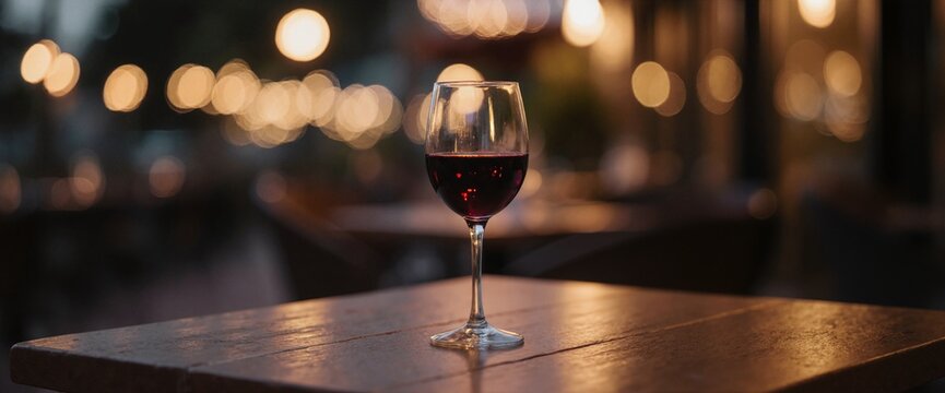 Glass of red wine on wooden table at outdoor restaurant terrace with warm evening bokeh lights creating romantic dining atmosphere for hospitality concepts - Powered by Adobe