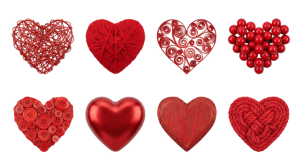 Red heart set including yarn, wire, buttons, beads, and wooden textures isolated. Romantic decoration and valentines day collection.