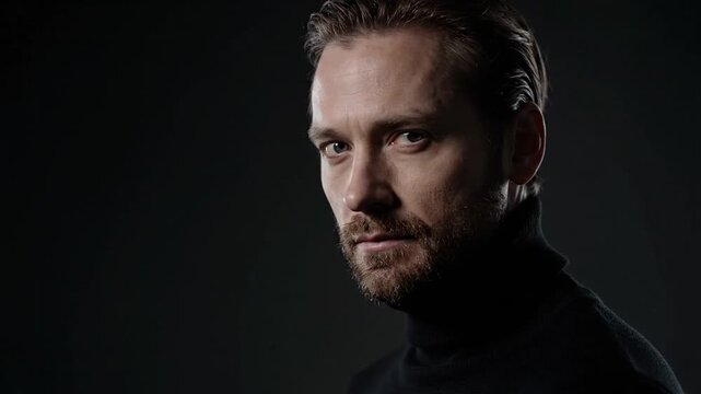 A serious man in a black turtleneck sweater turns his head from profile to look directly at the camera with a thoughtful expression against a dark background.