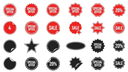 Collection of red and black sale stickers and labels on a clean background viewed from directly above