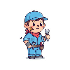 Cartoon illustration of a smiling mechanic boy holding tools and wearing a blue uniform.