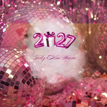 Feliz a&ntilde;o nuevo 2027, saludos de a&ntilde;o nuevo estilo fiesta clip con una est&eacute;tica vibrante, brillante, rosa y dorada