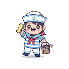A cheerful cartoon boy in a sailor outfit happily holds a dog treat.