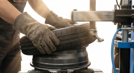 Mechanic inspecting car tire in auto repair shop, hands wearing gloves