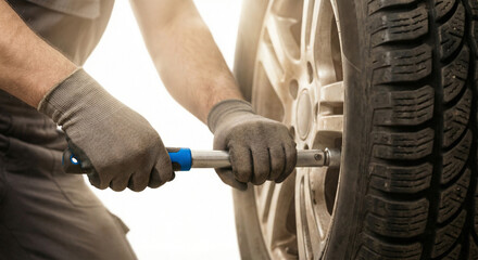 Mechanic installing tire valve stem with tool, auto repair workshop