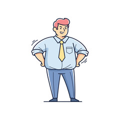 A cartoon illustration of a man in a blue shirt and yellow tie stands confidently with hands on hips.
