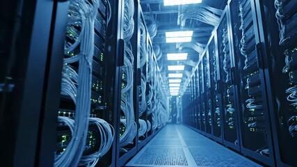 Long corridor view inside a modern data center with rows of server racks blinking lights and intricate network cables symbolizing advanced digital infrastructure and cloud computing technology. - Powered by Adobe