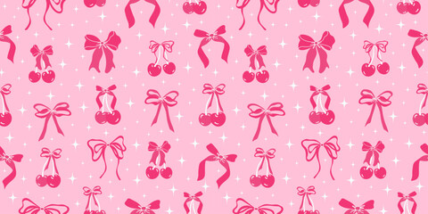 Seamless Pattern with Cherries And bows. Cartoon Romantic Pink horizontal background for postcards, banners, posters, covers. Vector