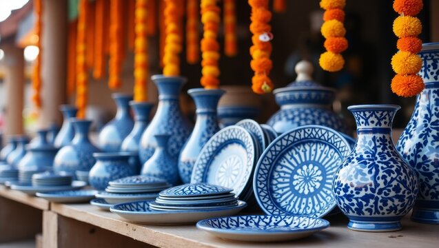 Traditional Jaipur blue pottery plates and vases with intricate floral patterns on display.