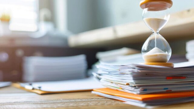 An hourglass positioned on a stack of paperwork, symbolizing time management and productivity in the workplace.