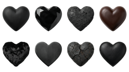 Black heart set including matte, diamond, lava, chocolate, velvet, metal, cracked, and leather textures isolated. Romantic dark gothic and love collection.