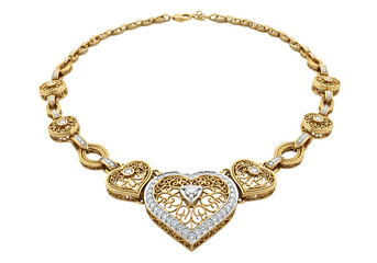 Gold heart necklace with diamonds, isolated on transparent background