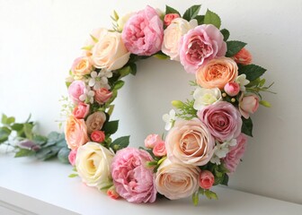 Obraz premium Beautiful Floral Wreath with Pink and Cream Roses Suitable for Home Decor and Events