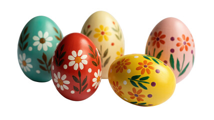 Five vibrantly colored hand painted Easter eggs featuring intricate floral and leaf patterns displayed cheerfully against a dark studio background