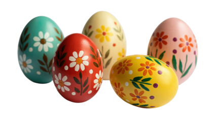 Five vibrantly colored hand painted Easter eggs featuring intricate floral and leaf patterns displayed cheerfully against a dark studio background