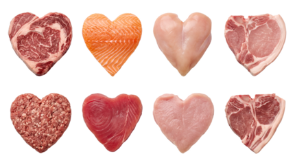 Raw meat and fish set including beef, salmon, chicken, pork, and tuna heart shapes isolated. Healthy protein and diet concept.