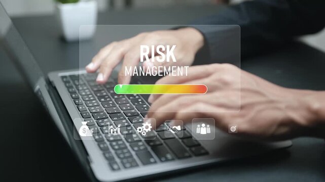 Risk management with risk assessment on digital screen, analysis and mitigation strategy. Business planning, control and decision making to reduce uncertainty and protect organizational performance.
