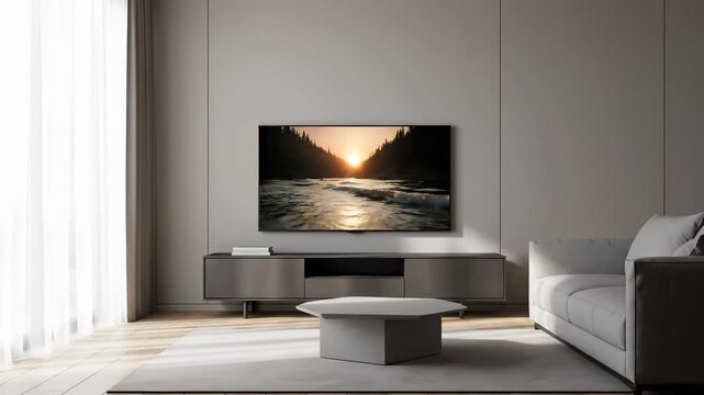 A clean, modern living space featuring a wall-mounted flat-screen TV