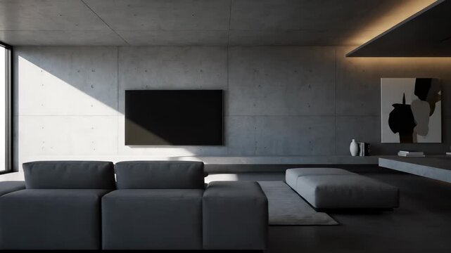 A clean, modern living space featuring a wall-mounted flat-screen TV