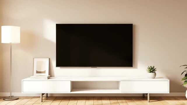 A clean, modern living space featuring a wall-mounted flat-screen TV