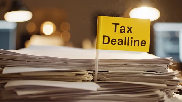 Urgent Tax Documents Awaiting Submission, Unfinished Tax Files And Reminder Flag In Dim Lighting, Messy Collection Of Tax Deadlines With Stamped Reminder In Poorly Lit Office