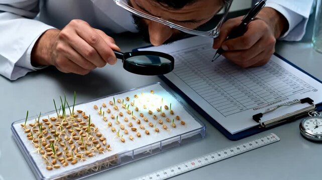Laboratory technician assessing germination rates of barley seeds with specialized tools focusing on detailed sample preparation and data recording.