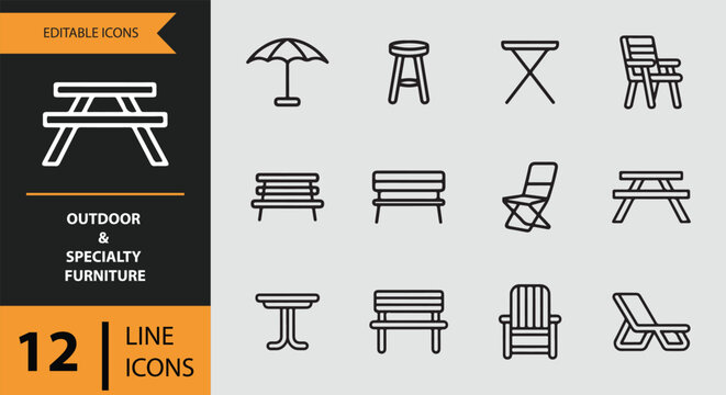 A diverse collection of editable line icons featuring various outdoor and specialty furniture