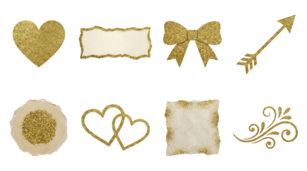 Gold glitter element set including heart, bow, arrow, torn paper, and swirl shapes isolated. Decorative wedding and celebration design collection.