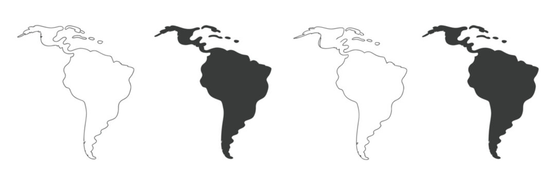 Latin America Vector Map black and white silhouette illustration, simple low detail political map, linear vector of countries on white background.