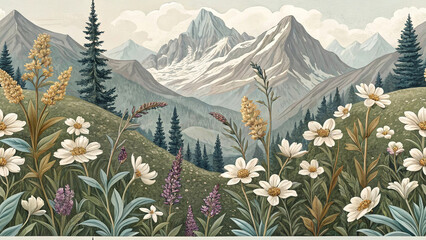 Panoramic mountain landscape with blooming wildflowers and evergreen forest in alpine valley
