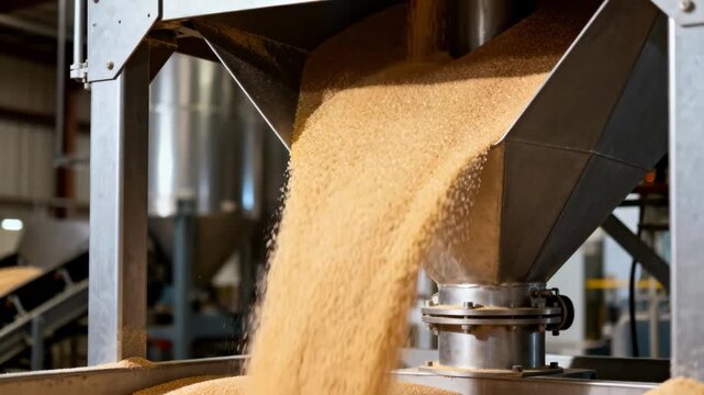 Medium shot capturing the final crystallization process within the silos interior cone emphasizing smooth sugar flow and mechanical precision.