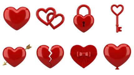 Red heart set including glossy, locked, keyed, arrow, broken, gift, and balloon styles isolated. Valentine and love collection.