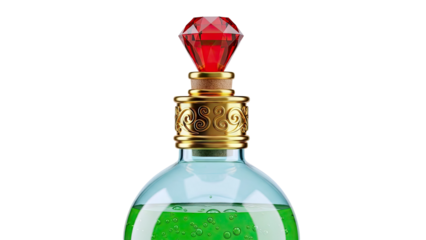 Ornate Potion Bottle with Red Gem and Green Elixir